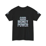 God Money Power Graphic Tee — Blue Anime Design