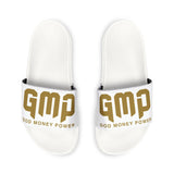 Slide Sandals — White "GMP" Gold Logo Removable-Strap Slides