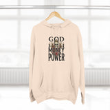 God Money Power-Hoodie — Skull Graphic Three-Panel Fleece Pullover
