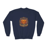 Youth Crewneck Sweatshirt — Vintage Halloween Pumpkin "GOD MONEY POWER"