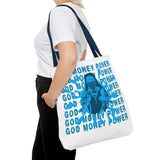 God Money Power Graphic Tote Bag — Blue Urban Goddess All-Over Print Tote