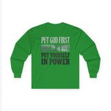 Long Sleeve Tee — "Put God First, Hustle for the Money, Put Yourself in Power" Inspirational Faith & Hustle Top