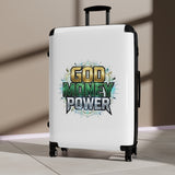 God Money Power Carry-On Suitcase — Bold Graphic Travel Luggage