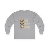 GMP Long Sleeve Tee — God Money Power Gold Graphic