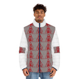 Men's Red Retro Surf Puffer Jacket — All-Over Print Vintage Surfer Pattern