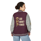 God Money Power Letterman Jacket — Red Varsity Bomber with GMP Gold Logo
