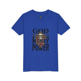 Youth Tee — 'God Money Power' Skull Graphic Shirt