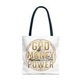 God Money Power Tote Bag — Bold Pyramid Graphic Religious Statement Tote