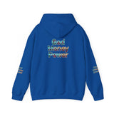 God Money Power Hoodie — Inspirational Graphic Pullover with Script on Sleeves