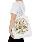 God Money Power Tote Bag — Bold Pyramid Graphic Religious Statement Tote