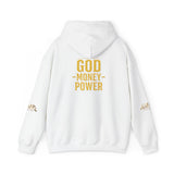 God • Money • Power Hoodie — White Pullover with Gold GMP Logo