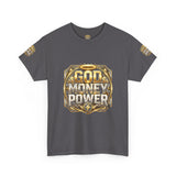 Graphic Tee — "God Money Power" Gold Crest T-Shirt