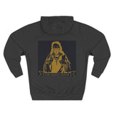 Three-Panel Fleece Hoodie — Vintage Gold Priest Graphic “God Money Power”