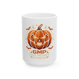 Halloween Pumpkin Jack-O'-Lantern Mug — "GMP: God Money Power" Ceramic Coffee Cup (11oz/15oz)