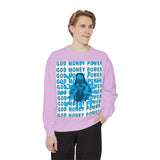 Graphic Sweatshirt - "God Money Power" Blue Retro Streetwear Crewneck