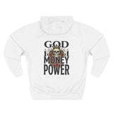 God Money Power-Hoodie — Skull Graphic Three-Panel Fleece Pullover
