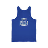 God Money Power Neon Tank Top — Graphic Religious Statement Jersey Tank