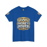 Graphic Tee — "God Money Power" Gold Crest T-Shirt