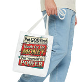 Tote Bag — "Put GOD First, Hustle For The MONEY, Put Yourself In POWER" Inspirational Graphic Tote