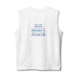 God Money Power Graphic Muscle Tank — Blue Illustration Front, "GOD MONEY POWER" Back