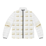 Money Print Puffer Jacket — White Quilted Men’s Winter Coat with Gold Text