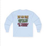 Long Sleeve Tee — "Put God First, Hustle for the Money, Put Yourself in Power" Inspirational Christian Tee
