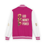 God Money Power Letterman Jacket — Red Varsity Bomber with GMP Gold Logo