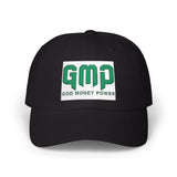 GMP 'God Money Power' Embroidered Classic Dad Cap — White Adjustable Baseball Hat