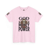Graphic Tee — "God Money Power" Skull Design