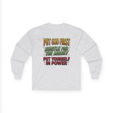 Long Sleeve Tee — "Put God First, Hustle for the Money, Put Yourself in Power" Inspirational Christian Tee