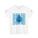 God Money Power Graphic Tee — Blue Anime Design
