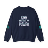 Crewneck Sweatshirt — GOD MONEY POWER Graphic Crewneck (Neon Cyan on White)