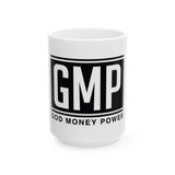 GMP Ceramic Mug — God Money Power Black Logo Coffee Cup (11oz & 15oz)