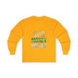 God Money Power Long Sleeve Tee — Inspirational Faith & Wealth Graphic Shirt