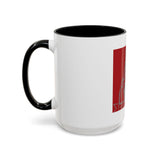 Coffee Mug — Red 'God Money Power' Saint Illustration Accent Mug (11/15 oz)