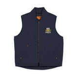 God Money Power- Embroidered Duck Cloth Work Vest — Durable Zip-Up Utility Vest with Chest Logo