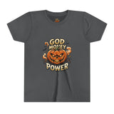 Youth Tee — "God Money Power" Halloween Pumpkin Graphic