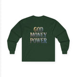 God Money Power Long Sleeve Tee — Inspirational Faith & Prosperity Graphic Shirt