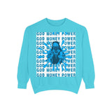Graphic Sweatshirt - "God Money Power" Blue Retro Streetwear Crewneck