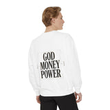 Graphic Sweatshirt — 'God Money Power' Religious Icon Masked Portrait