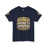 Graphic Tee — "God Money Power" Gold Crest T-Shirt
