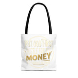 Inspirational Faith Tote Bag — "Put God First, Hustle for the Money" All-Over Print
