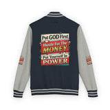 Letterman Jacket — "Put GOD First, Hustle For The MONEY, Put Yourself In POWER" Inspirational Varsity Coat