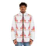Men's Puffer Jacket — 'God Novel Power' Retro Graphic All-Over Print