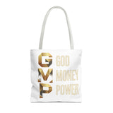 God Money Power Tote Bag – Gold 3-Word Motivational AOP Tote