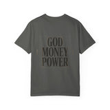 T-Shirt — 'God Money Power' Graphic Tee (Bandana Madonna Front)