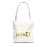 Inspirational Faith Tote Bag — "Put God First, Hustle for the Money" All-Over Print