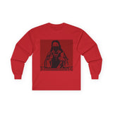 Long Sleeve Tee — "Sacred Hustle" Red Bandana Jesus Graphic