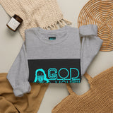 Crewneck Sweatshirt — GOD MONEY POWER Graphic Crewneck (Neon Cyan on White)