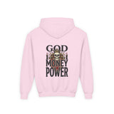 Youth Hoodie "God Money Power" Skull Graphic